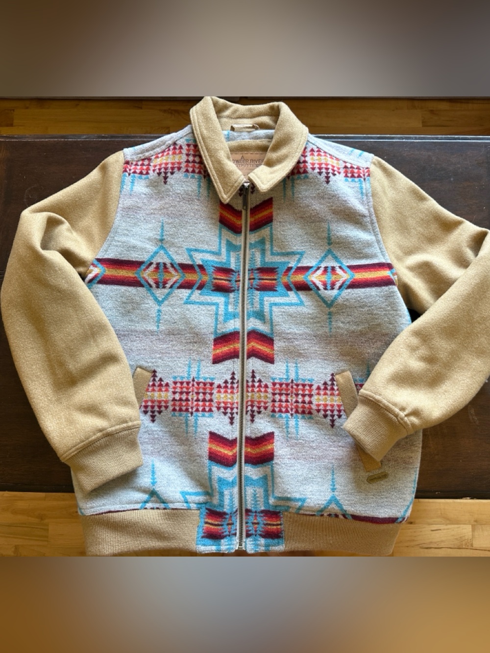 Pendleton Beige Zip-Up Jacket with Turquoise & Red Southwestern Pattern